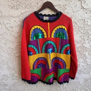 Vintage Ann Wi 1980s Colorful Crochet Embellished Sweater Size Large